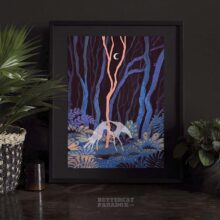'Silver hound' art print depicting a dark forest scene with ghost dog illuminated by moonlight. Printed on archival cotton paper, signed by the artist Tereza Kovandová aka Buttercat Paradox.