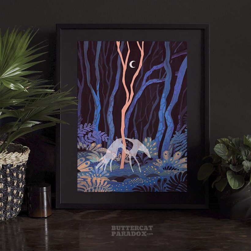 'Silver hound' art print depicting a dark forest scene with ghost dog illuminated by moonlight. Printed on archival cotton paper, signed by the artist Tereza Kovandová aka Buttercat Paradox.