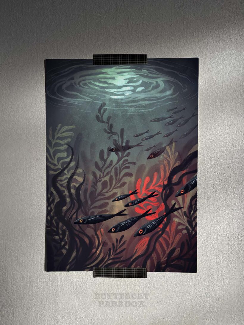 moon lagoon by buttercat paradox 'Moon Lagoon' art print depicting a dark underwater scene illuminated by moonlight. Printed on archival cotton paper, signed by the artist Tereza Kovandová aka Buttercat Paradox.