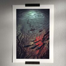 moon lagoon by buttercat paradox 'Moon Lagoon' art print depicting a dark underwater scene illuminated by moonlight. Printed on archival cotton paper, signed by the artist Tereza Kovandová aka Buttercat Paradox.