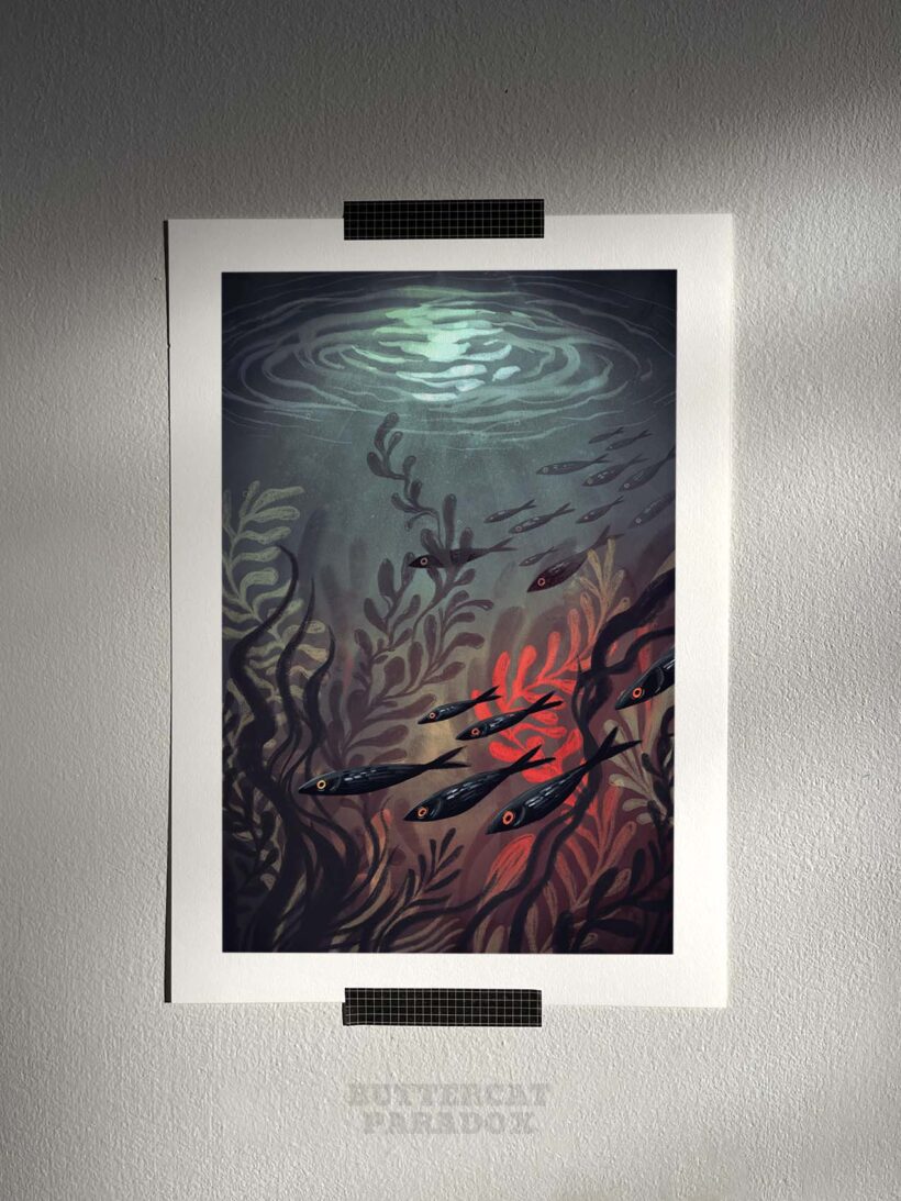 moon lagoon by buttercat paradox 'Moon Lagoon' art print depicting a dark underwater scene illuminated by moonlight. Printed on archival cotton paper, signed by the artist Tereza Kovandová aka Buttercat Paradox.