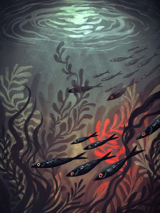 'Moon Lagoon' art print depicting a dark underwater scene illuminated by moonlight. Printed on archival cotton paper, signed by the artist Tereza Kovandová aka Buttercat Paradox.