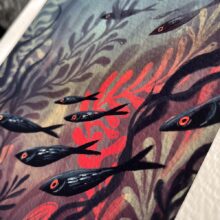 moon lagoon by buttercat paradox 'Moon Lagoon' art print depicting a dark underwater scene illuminated by moonlight. Printed on archival cotton paper, signed by the artist Tereza Kovandová aka Buttercat Paradox.