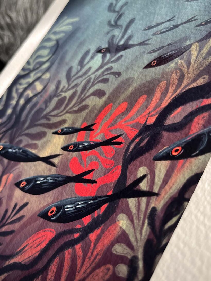 moon lagoon by buttercat paradox 'Moon Lagoon' art print depicting a dark underwater scene illuminated by moonlight. Printed on archival cotton paper, signed by the artist Tereza Kovandová aka Buttercat Paradox.