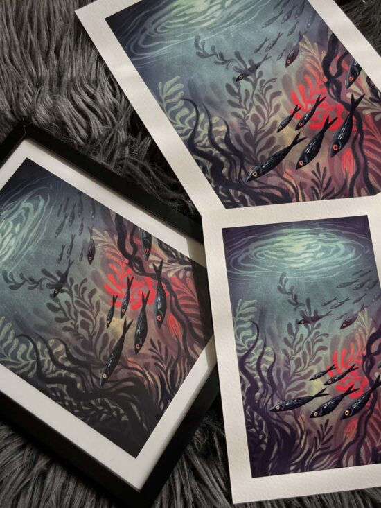 'Moon Lagoon' art print depicting a dark underwater scene illuminated by moonlight. Printed on archival cotton paper, signed by the artist Tereza Kovandová aka Buttercat Paradox.