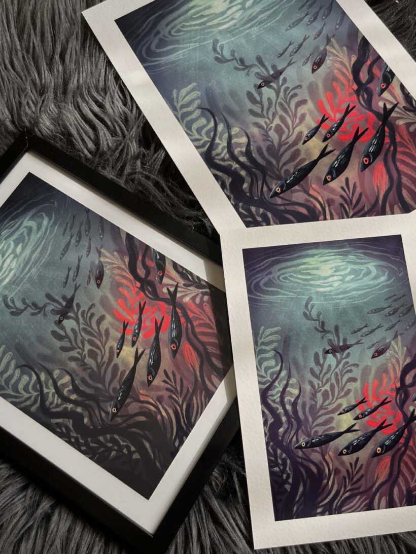 moon lagoon by buttercat paradox 'Moon Lagoon' art print depicting a dark underwater scene illuminated by moonlight. Printed on archival cotton paper, signed by the artist Tereza Kovandová aka Buttercat Paradox.