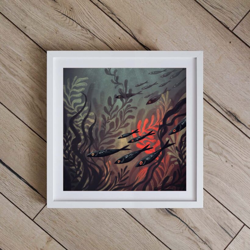 moon lagoon by buttercat paradox 'Moon Lagoon' art print depicting a dark underwater scene illuminated by moonlight. Printed on archival cotton paper, signed by the artist Tereza Kovandová aka Buttercat Paradox.