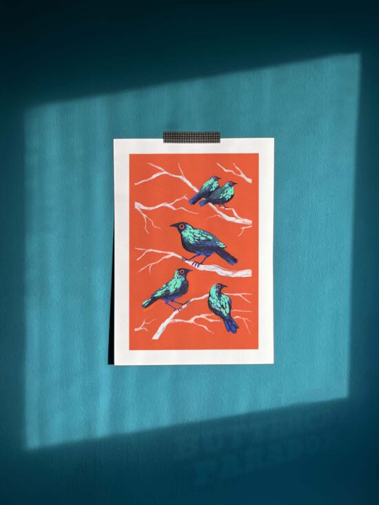 Art print depicting cape glossy starling birds on vivid red background. Printed on archival cotton paper, signed by the artist Tereza Kovandová aka Buttercat Paradox.