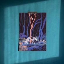 'Silver hound' art print depicting a dark forest scene with ghost dog illuminated by moonlight. Printed on archival cotton paper, signed by the artist Tereza Kovandová aka Buttercat Paradox.