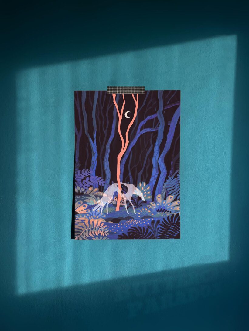 'Silver hound' art print depicting a dark forest scene with ghost dog illuminated by moonlight. Printed on archival cotton paper, signed by the artist Tereza Kovandová aka Buttercat Paradox.