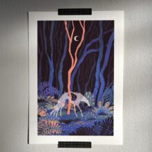 'Silver hound' art print depicting a dark forest scene with ghost dog illuminated by moonlight. Printed on archival cotton paper, signed by the artist Tereza Kovandová aka Buttercat Paradox.