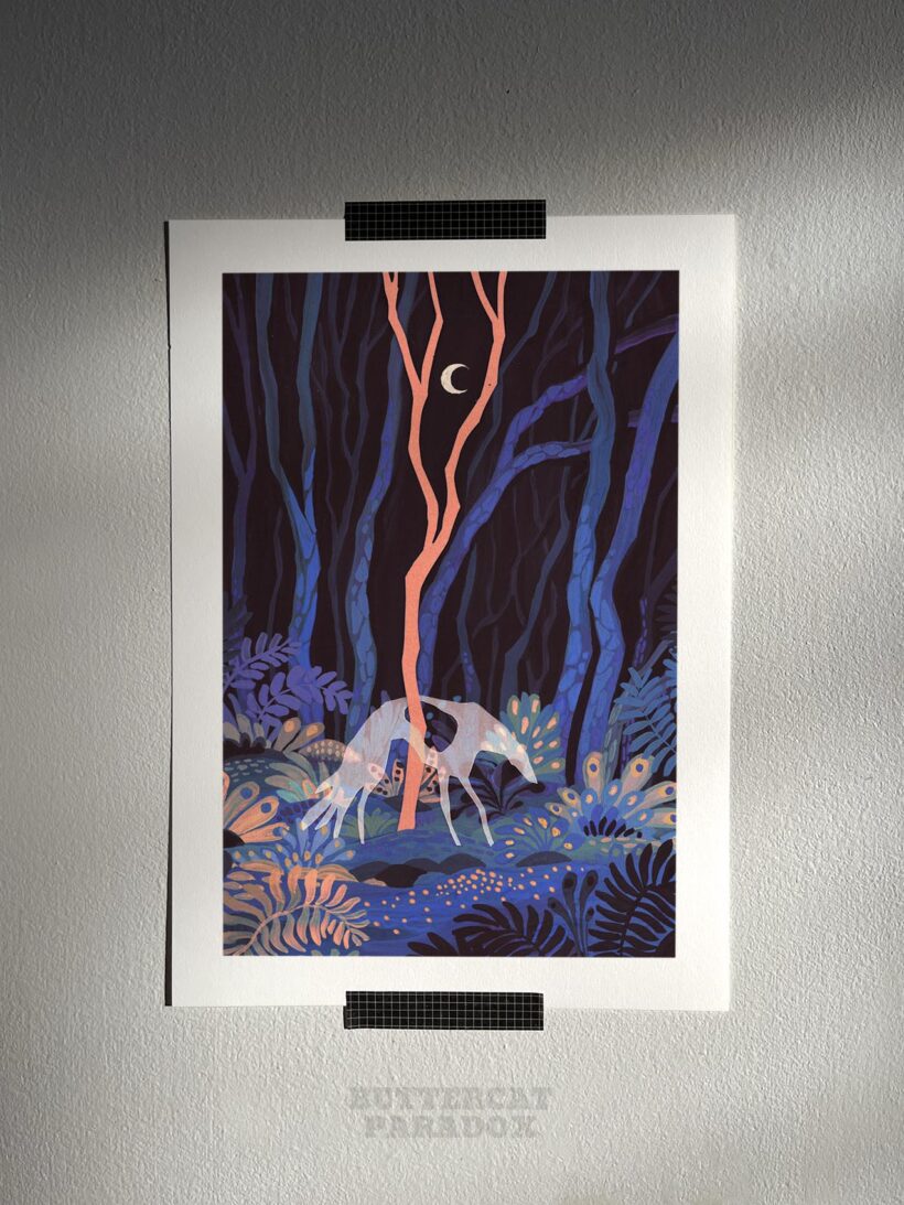 'Silver hound' art print depicting a dark forest scene with ghost dog illuminated by moonlight. Printed on archival cotton paper, signed by the artist Tereza Kovandová aka Buttercat Paradox.