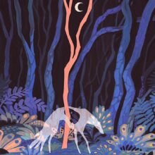 'Silver hound' art print depicting a dark forest scene with ghost dog illuminated by moonlight. Printed on archival cotton paper, signed by the artist Tereza Kovandová aka Buttercat Paradox.