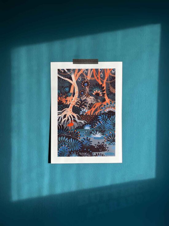 'Mangroves' art print depicting a mangrove forest filled with colorful plants with a red ibis bird. Printed on archival cotton paper, signed by the artist Tereza Kovandová aka Buttercat Paradox.