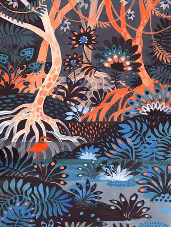 'Mangroves' art print depicting a mangrove forest filled with colorful plants with a red ibis bird. Printed on archival cotton paper, signed by the artist Tereza Kovandová aka Buttercat Paradox.