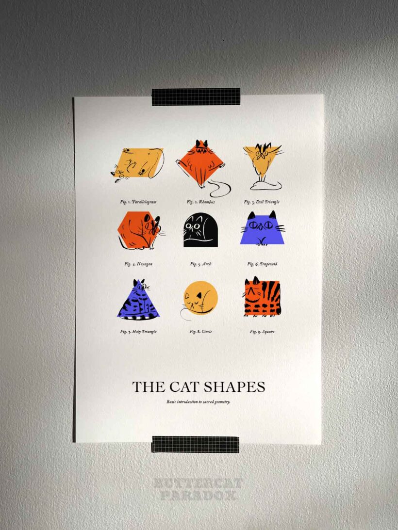 Cat shapes by Buttercat Paradox Art print of cats in geometric shapes. Printed on archival cotton paper, signed by the artist Tereza Kovandová aka Buttercat Paradox.