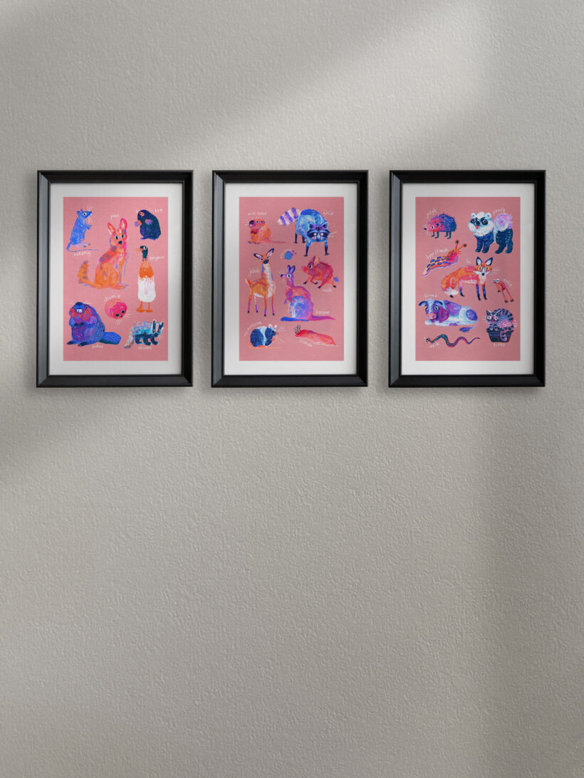 Art print of famous polish meme animals like kurwa bober, myszokrowa, ratatuj or chomik.  