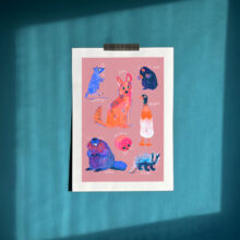 Art print of famous polish meme animals like kurwa bober, myszokrowa, ratatuj or chomik.  