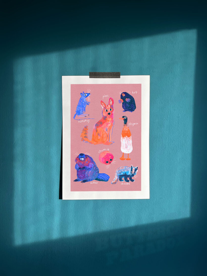 Art print of famous polish meme animals like kurwa bober, myszokrowa, ratatuj or chomik.  