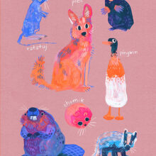 Art print of famous polish meme animals like kurwa bober, myszokrowa, ratatuj or chomik.  