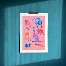 Art print of famous polish meme animals like kurwa bober, myszokrowa, ratatuj or chomik.  