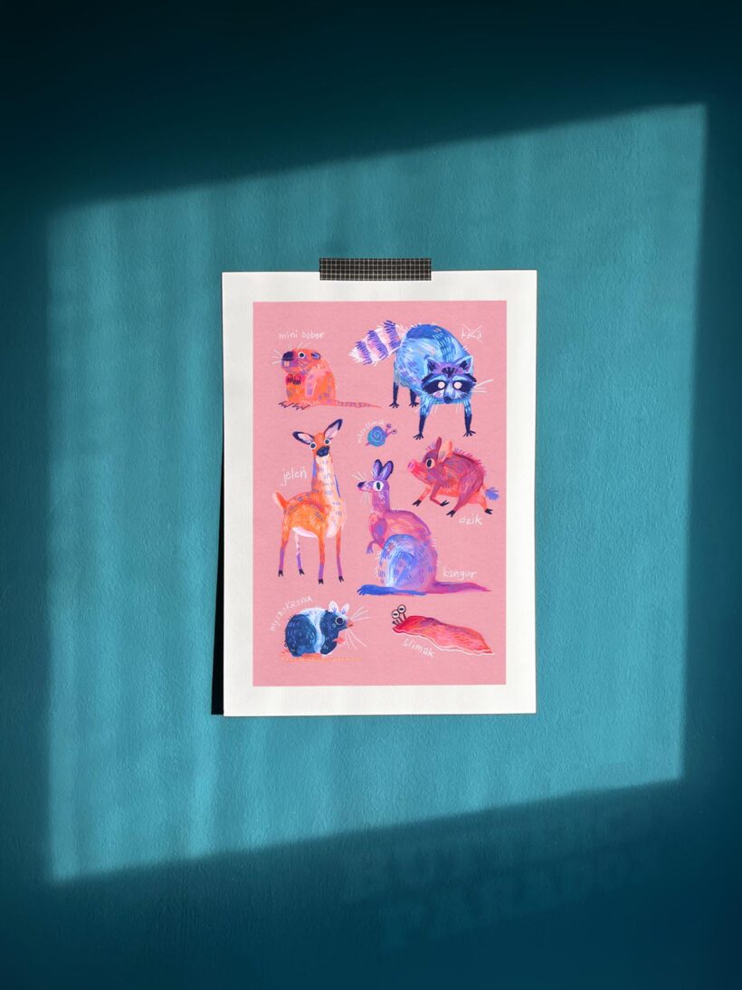 Art print of famous polish meme animals like kurwa bober, myszokrowa, ratatuj or chomik.  