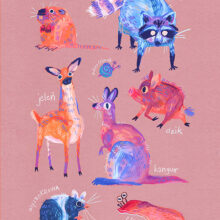 Art print of famous polish meme animals like kurwa bober, myszokrowa, ratatuj or chomik.  