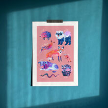 Art print of famous polish meme animals like kurwa bober, myszokrowa, ratatuj or chomik.  