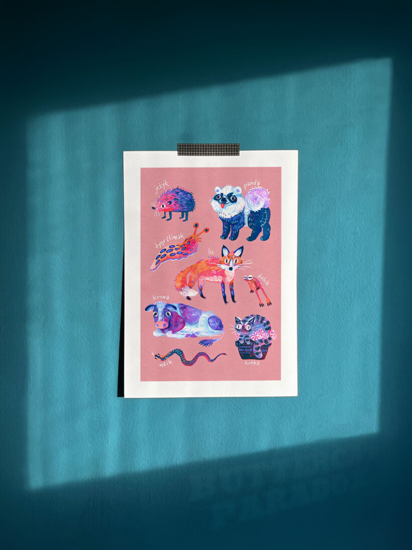 Art print of famous polish meme animals like kurwa bober, myszokrowa, ratatuj or chomik.  