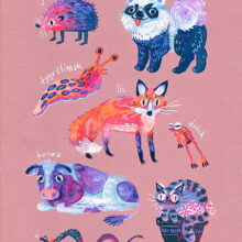 Art print of famous polish meme animals like kurwa bober, myszokrowa, ratatuj or chomik.  