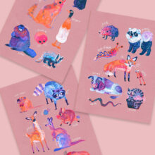 Art print of famous polish meme animals like kurwa bober, myszokrowa, ratatuj or chomik.  