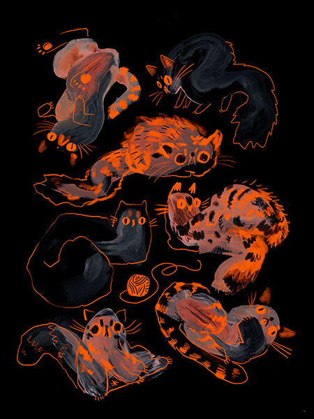 Art print of red and black cats on a dark background.