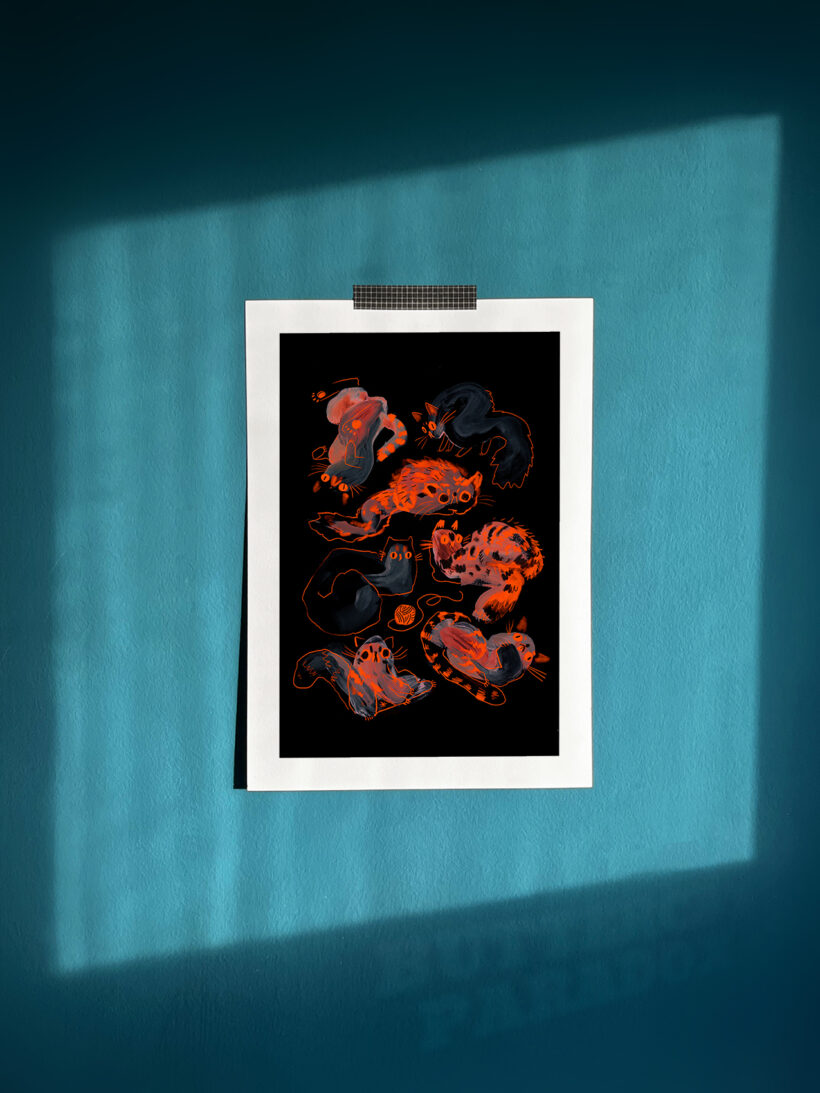 3AM by Buttercat Paradox Art print of red and black cats on a dark background.