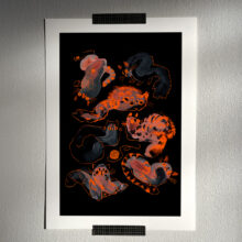 3AM by Buttercat Paradox Art print of red and black cats on a dark background.