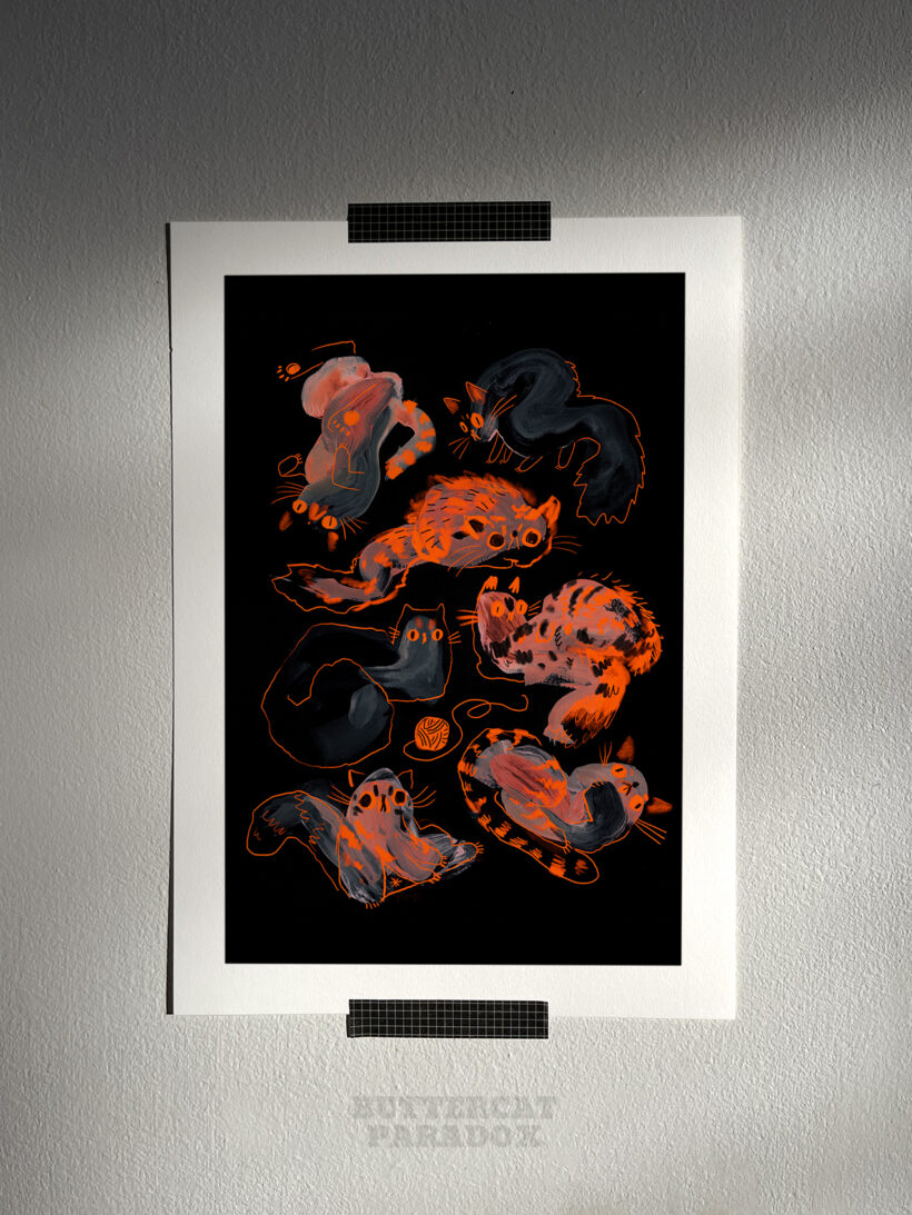 3AM by Buttercat Paradox Art print of red and black cats on a dark background.