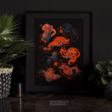 3AM by Buttercat Paradox Art print of red and black cats on a dark background.