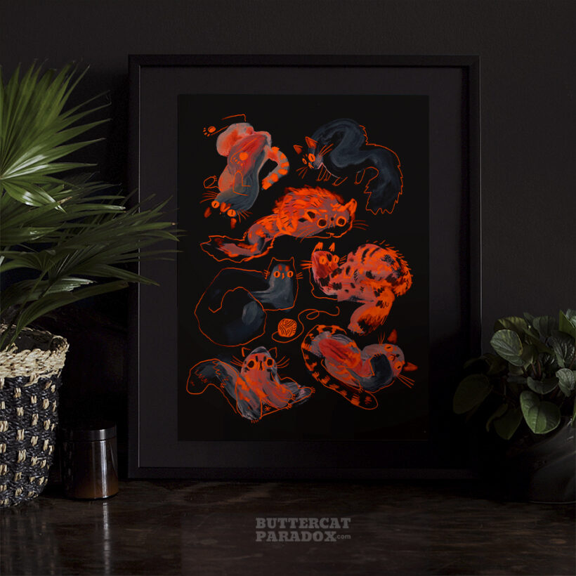 3AM by Buttercat Paradox Art print of red and black cats on a dark background.