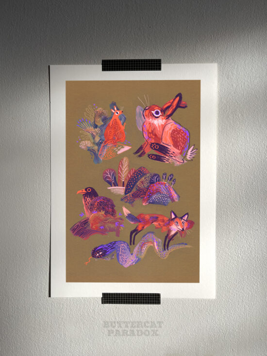 Cozy forest themed art print with vibrant palette.