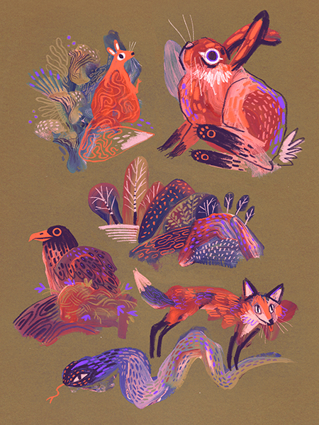 Cozy forest themed art print with vibrant palette.