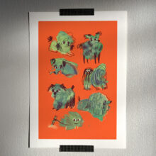 Good Bois by Buttercat Paradox Vibrant art print. Illustration of vibrant green dogs on a bright orange background.