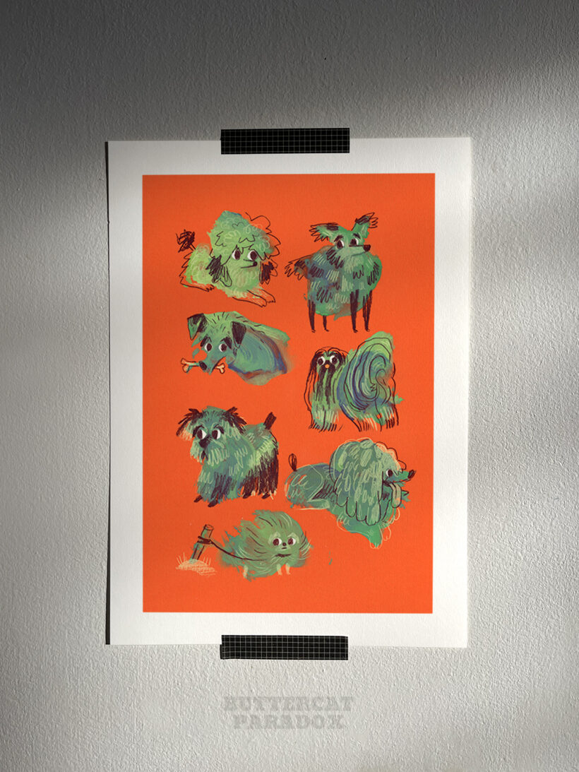 Good Bois by Buttercat Paradox Vibrant art print. Illustration of vibrant green dogs on a bright orange background.