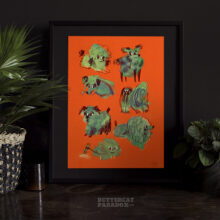 Good Bois by Buttercat Paradox Vibrant art print. Illustration of vibrant green dogs on a bright orange background.