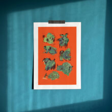 Good Bois by Buttercat Paradox Vibrant art print. Illustration of vibrant green dogs on a bright orange background.