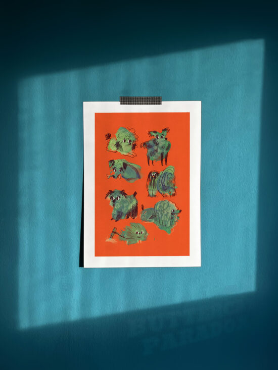 Vibrant art print. Illustration of vibrant green dogs on a bright orange background.