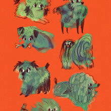Good Bois by Buttercat Paradox Vibrant art print. Illustration of vibrant green dogs on a bright orange background.