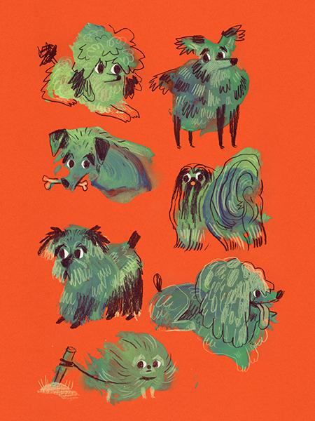 Vibrant art print. Illustration of vibrant green dogs on a bright orange background.
