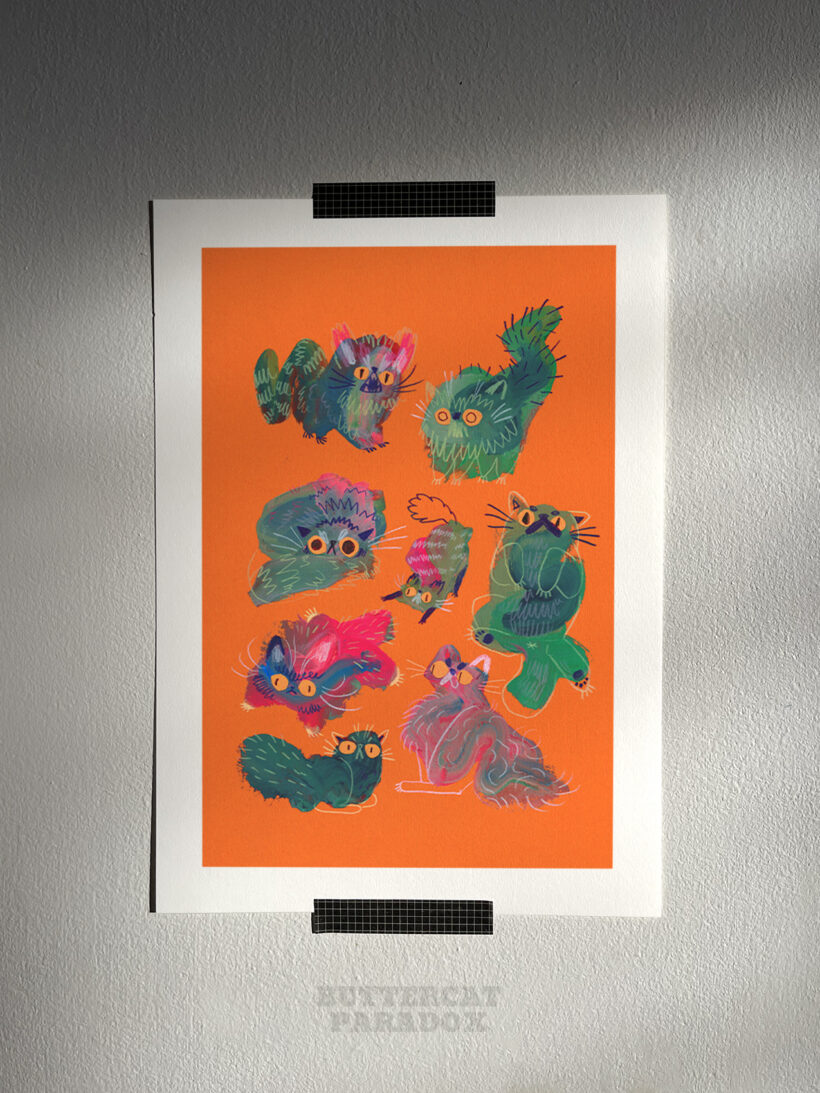 Art print of green angry blob cats on a bright orange background