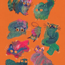 Art print of green angry blob cats on a bright orange background