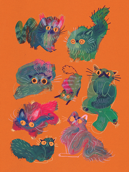 Art print of green angry blob cats on a bright orange background