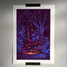Art print of Uroboros, serpent symbolizing infinity. Bright red or blue variations.